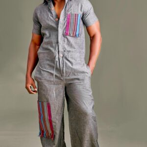 Gray linen jumpsuit detailed with Aso Oke